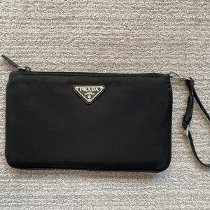 Prada Sleek nylon clutch with detachable leather wristlet. Black. NEW